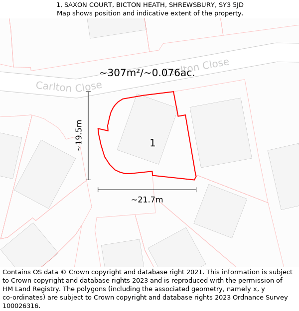 1, SAXON COURT, BICTON HEATH, SHREWSBURY, SY3 5JD: Plot and title map