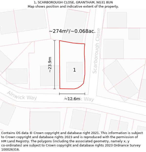 1, SCARBOROUGH CLOSE, GRANTHAM, NG31 8UN: Plot and title map