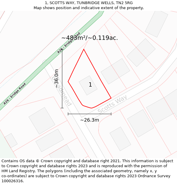 1, SCOTTS WAY, TUNBRIDGE WELLS, TN2 5RG: Plot and title map