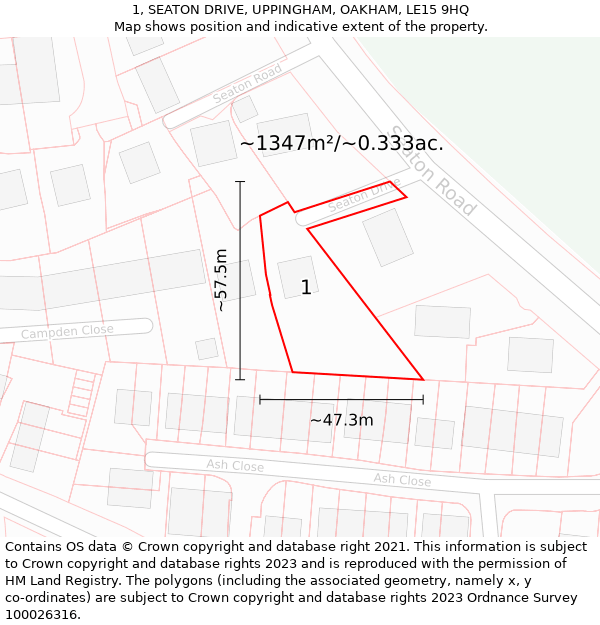 1, SEATON DRIVE, UPPINGHAM, OAKHAM, LE15 9HQ: Plot and title map