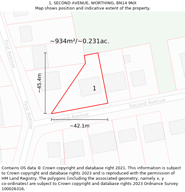 1, SECOND AVENUE, WORTHING, BN14 9NX: Plot and title map