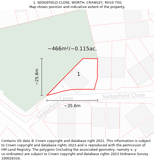 1, SEDGEFIELD CLOSE, WORTH, CRAWLEY, RH10 7XG: Plot and title map