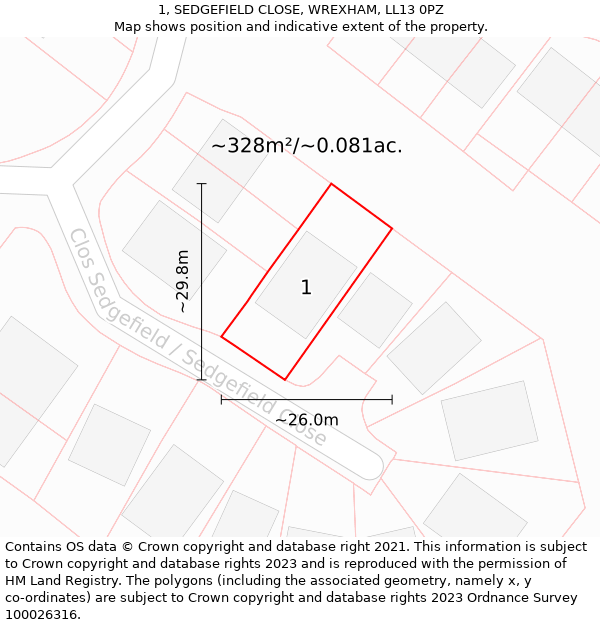 1, SEDGEFIELD CLOSE, WREXHAM, LL13 0PZ: Plot and title map