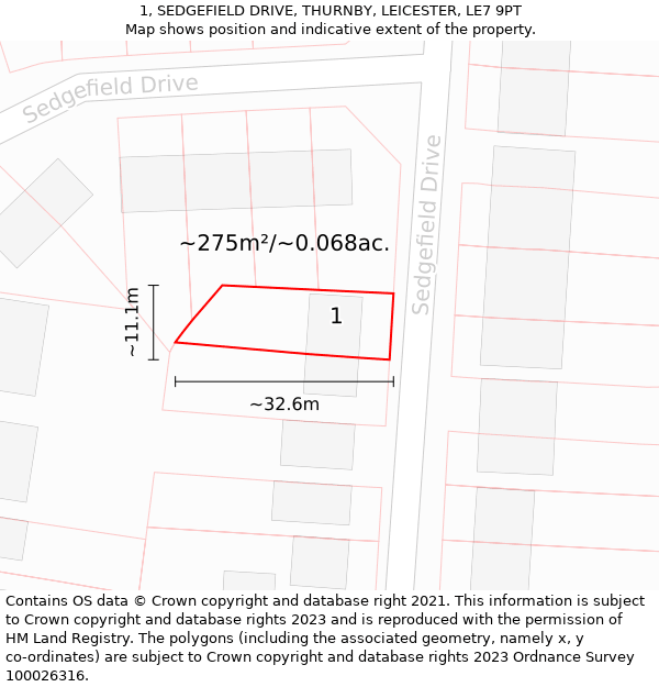 1, SEDGEFIELD DRIVE, THURNBY, LEICESTER, LE7 9PT: Plot and title map