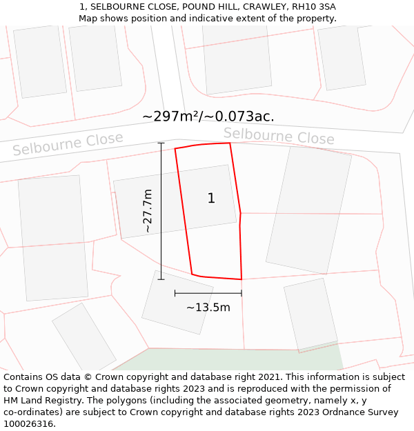 1, SELBOURNE CLOSE, POUND HILL, CRAWLEY, RH10 3SA: Plot and title map