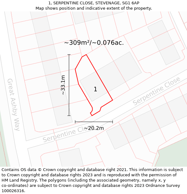 1, SERPENTINE CLOSE, STEVENAGE, SG1 6AP: Plot and title map