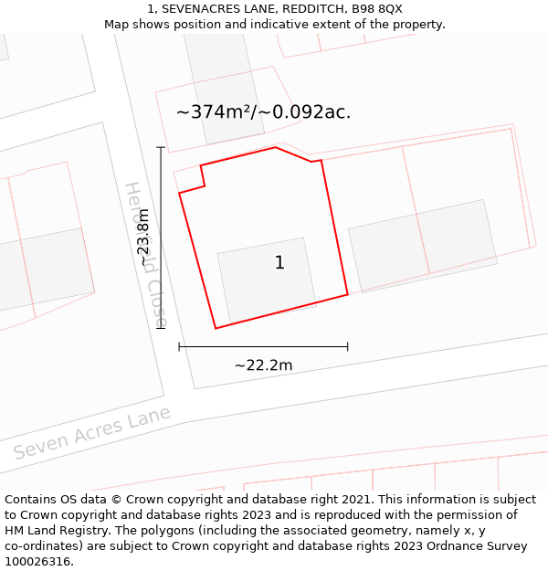 1, SEVENACRES LANE, REDDITCH, B98 8QX: Plot and title map