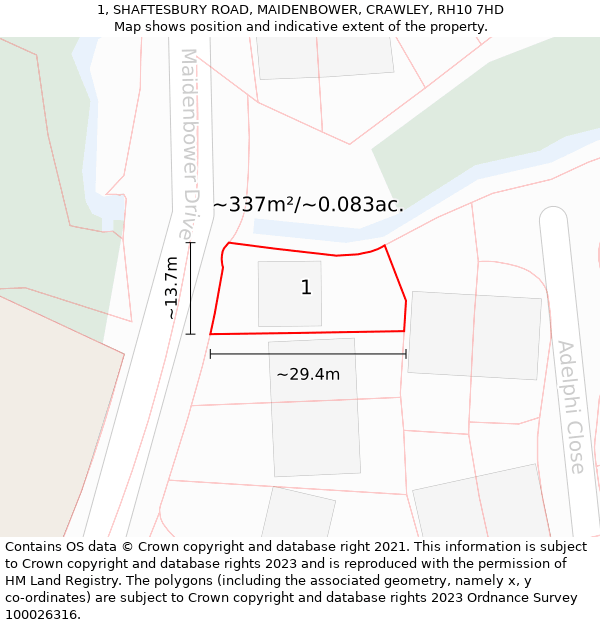 1, SHAFTESBURY ROAD, MAIDENBOWER, CRAWLEY, RH10 7HD: Plot and title map