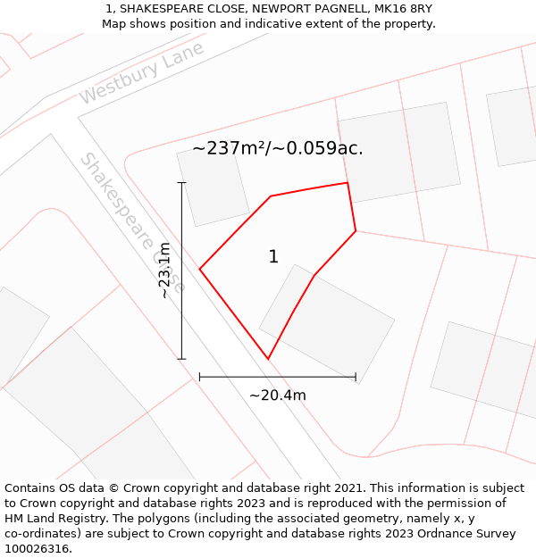 1, SHAKESPEARE CLOSE, NEWPORT PAGNELL, MK16 8RY: Plot and title map