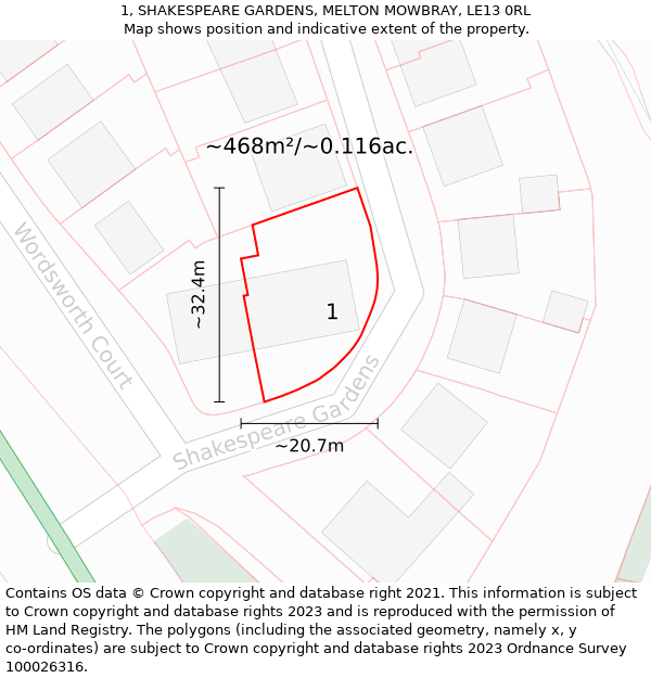 1, SHAKESPEARE GARDENS, MELTON MOWBRAY, LE13 0RL: Plot and title map