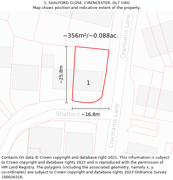 1, SHALFORD CLOSE, CIRENCESTER, GL7 1WG: Plot and title map