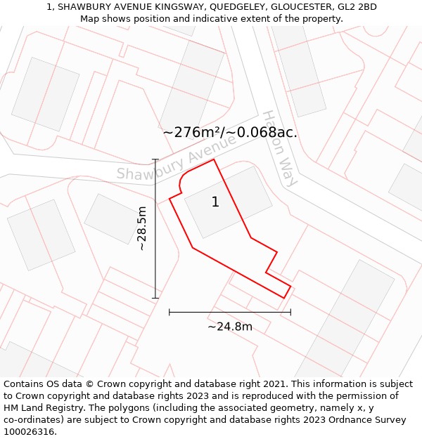 1, SHAWBURY AVENUE KINGSWAY, QUEDGELEY, GLOUCESTER, GL2 2BD: Plot and title map