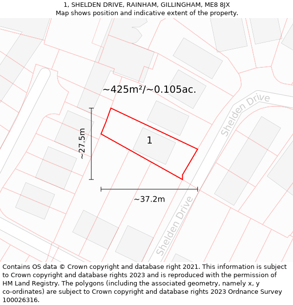 1, SHELDEN DRIVE, RAINHAM, GILLINGHAM, ME8 8JX: Plot and title map