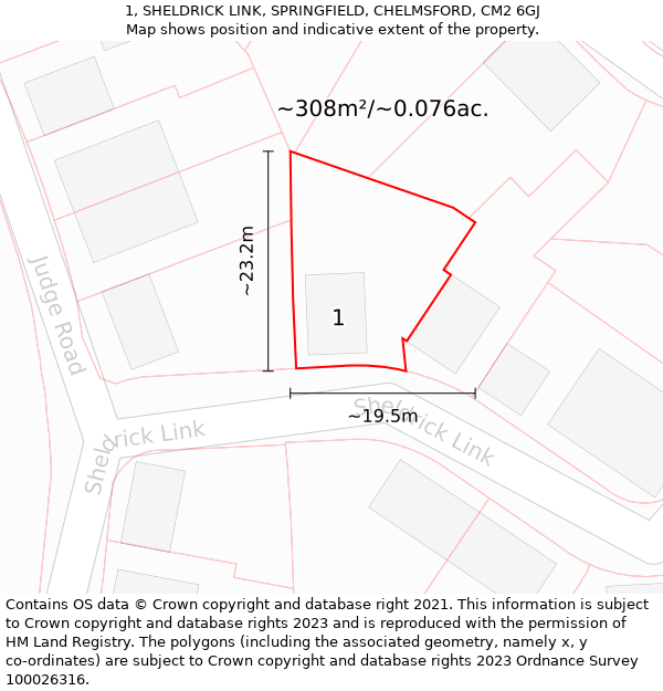 1, SHELDRICK LINK, SPRINGFIELD, CHELMSFORD, CM2 6GJ: Plot and title map