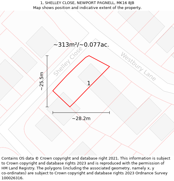 1, SHELLEY CLOSE, NEWPORT PAGNELL, MK16 8JB: Plot and title map