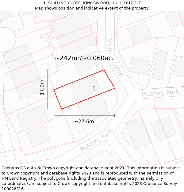 1, SHILLING CLOSE, KINGSWOOD, HULL, HU7 3LE: Plot and title map