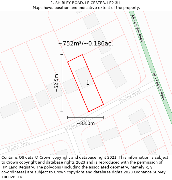 1, SHIRLEY ROAD, LEICESTER, LE2 3LL: Plot and title map
