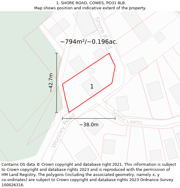 1, SHORE ROAD, COWES, PO31 8LB: Plot and title map