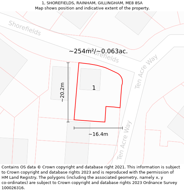 1, SHOREFIELDS, RAINHAM, GILLINGHAM, ME8 8SA: Plot and title map