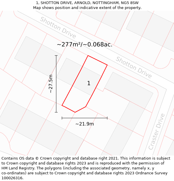 1, SHOTTON DRIVE, ARNOLD, NOTTINGHAM, NG5 8SW: Plot and title map