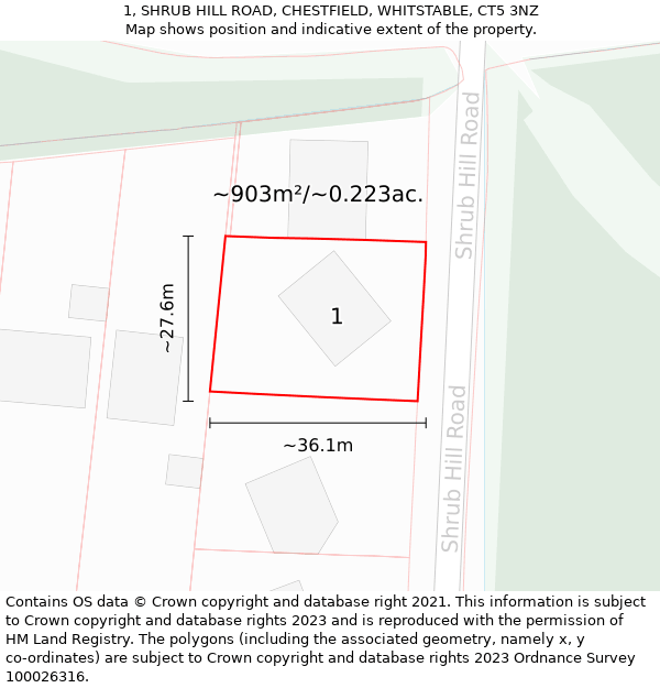 1, SHRUB HILL ROAD, CHESTFIELD, WHITSTABLE, CT5 3NZ: Plot and title map