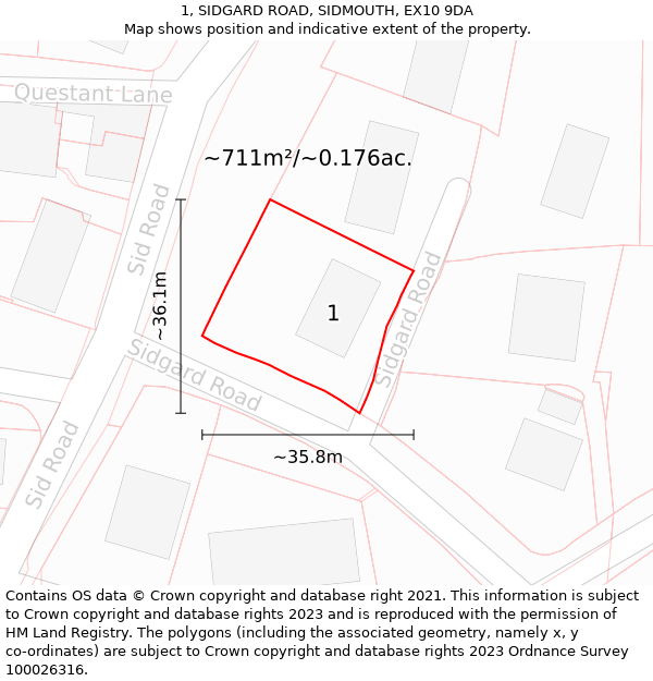1, SIDGARD ROAD, SIDMOUTH, EX10 9DA: Plot and title map