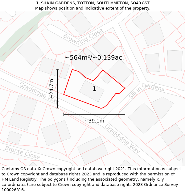 1, SILKIN GARDENS, TOTTON, SOUTHAMPTON, SO40 8ST: Plot and title map