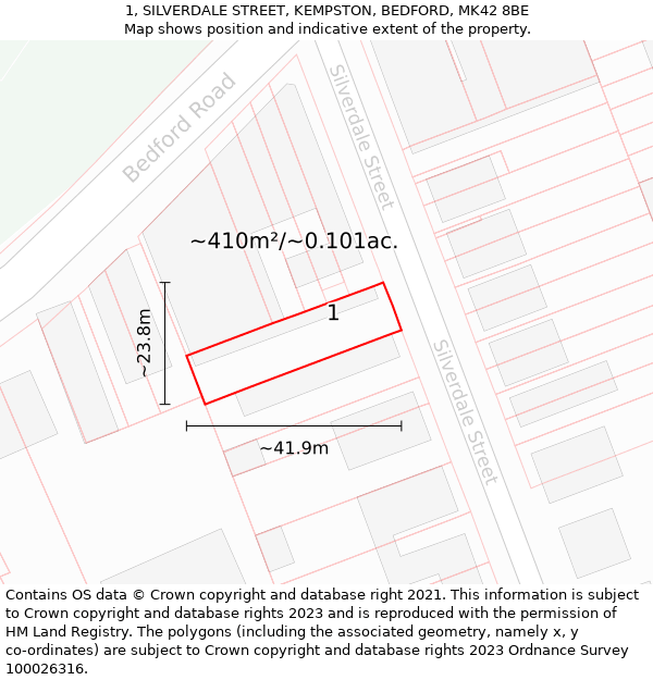 1, SILVERDALE STREET, KEMPSTON, BEDFORD, MK42 8BE: Plot and title map