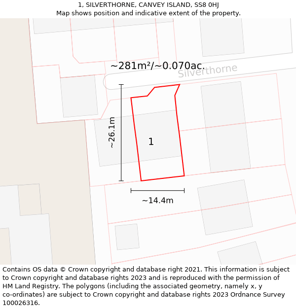 1, SILVERTHORNE, CANVEY ISLAND, SS8 0HJ: Plot and title map