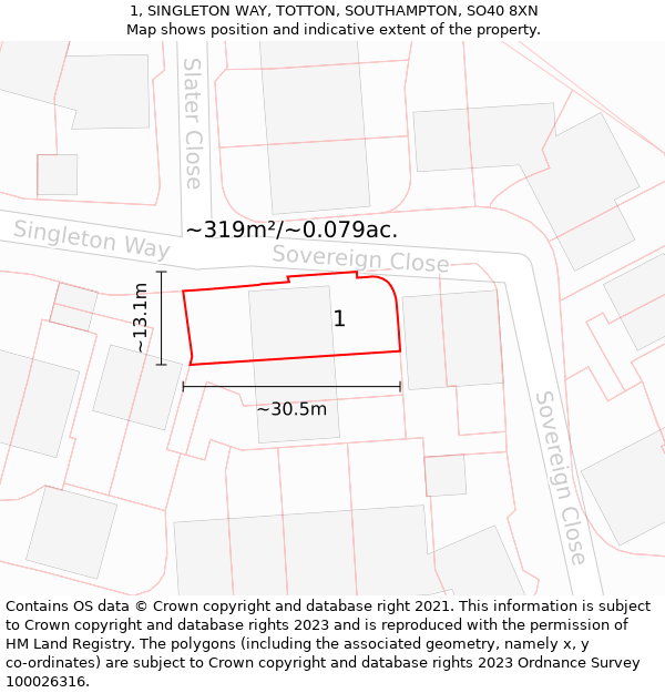 1, SINGLETON WAY, TOTTON, SOUTHAMPTON, SO40 8XN: Plot and title map