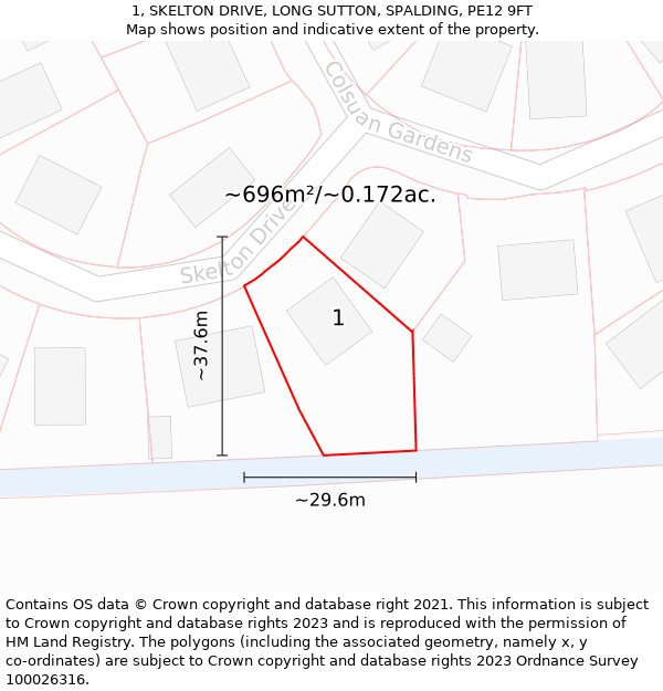 1, SKELTON DRIVE, LONG SUTTON, SPALDING, PE12 9FT: Plot and title map