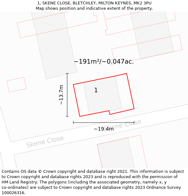 1, SKENE CLOSE, BLETCHLEY, MILTON KEYNES, MK2 3PU: Plot and title map