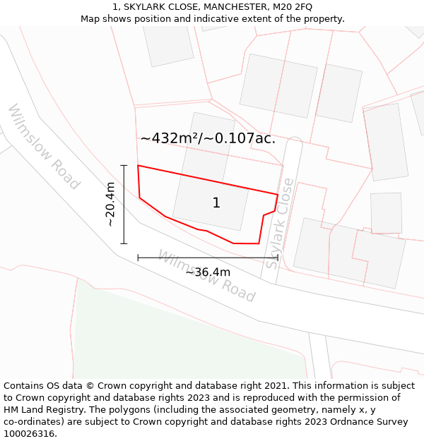 1, SKYLARK CLOSE, MANCHESTER, M20 2FQ: Plot and title map