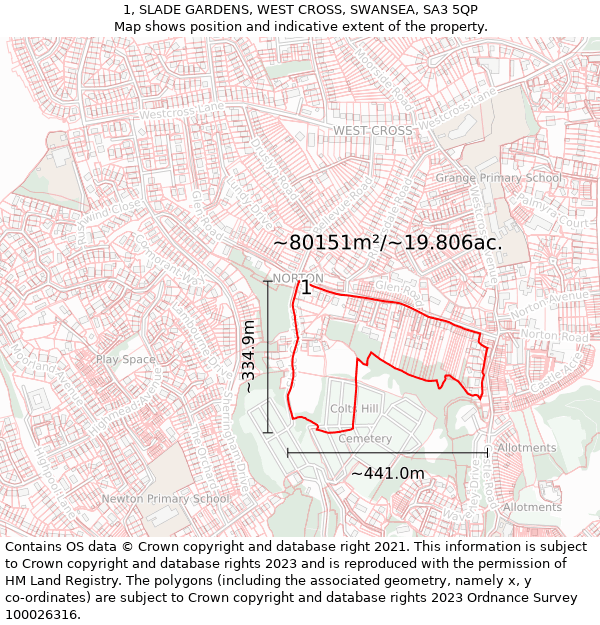 1, SLADE GARDENS, WEST CROSS, SWANSEA, SA3 5QP: Plot and title map