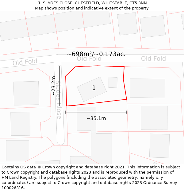 1, SLADES CLOSE, CHESTFIELD, WHITSTABLE, CT5 3NN: Plot and title map