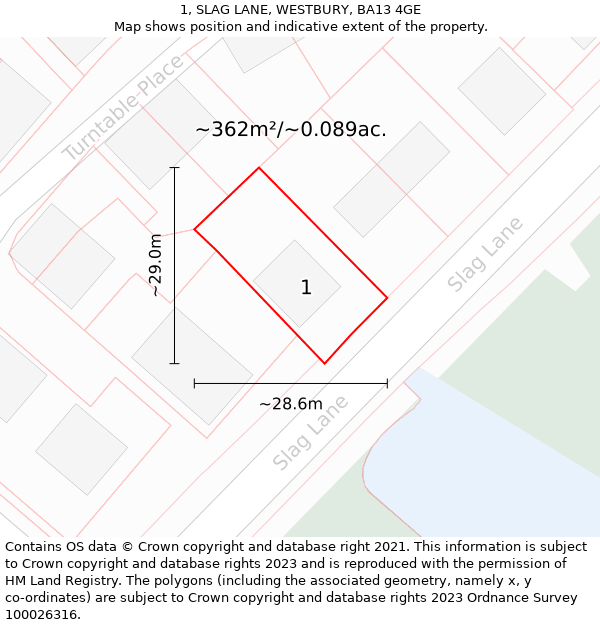 1, SLAG LANE, WESTBURY, BA13 4GE: Plot and title map