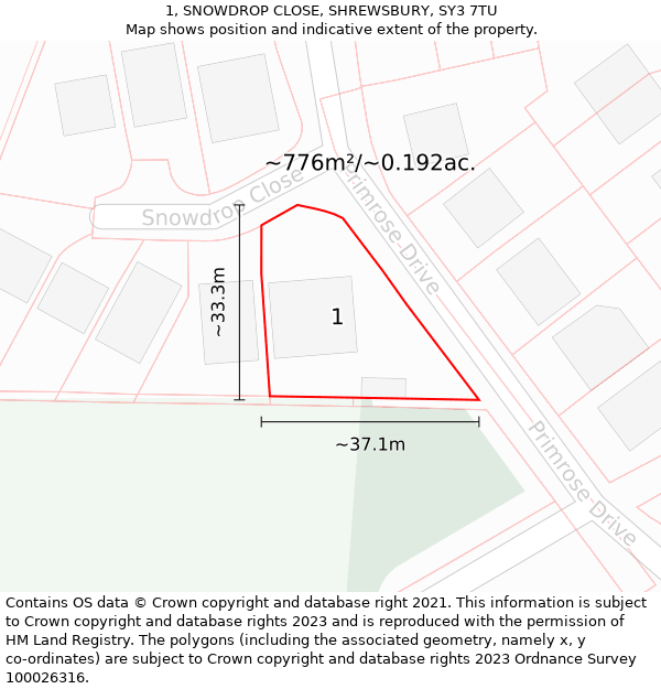 1, SNOWDROP CLOSE, SHREWSBURY, SY3 7TU: Plot and title map