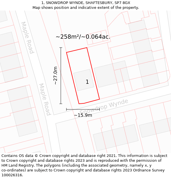 1, SNOWDROP WYNDE, SHAFTESBURY, SP7 8GX: Plot and title map