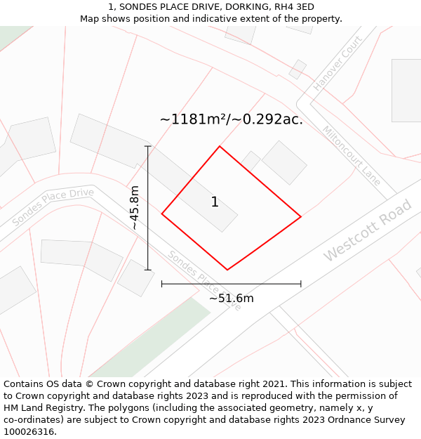 1, SONDES PLACE DRIVE, DORKING, RH4 3ED: Plot and title map