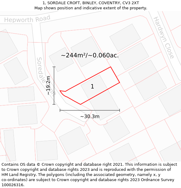 1, SORDALE CROFT, BINLEY, COVENTRY, CV3 2XT: Plot and title map