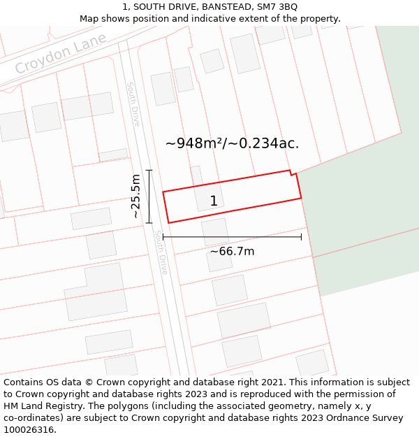 1, SOUTH DRIVE, BANSTEAD, SM7 3BQ: Plot and title map