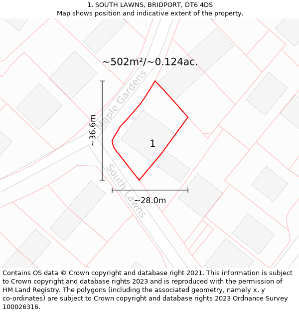 1, SOUTH LAWNS, BRIDPORT, DT6 4DS: Plot and title map