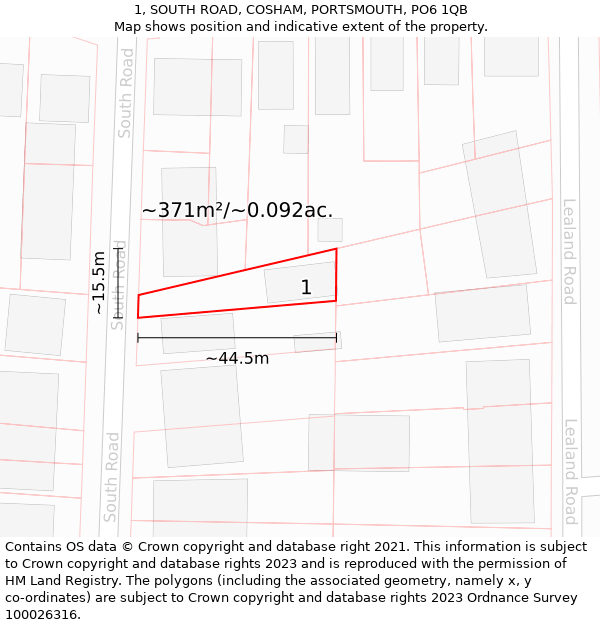 1, SOUTH ROAD, COSHAM, PORTSMOUTH, PO6 1QB: Plot and title map