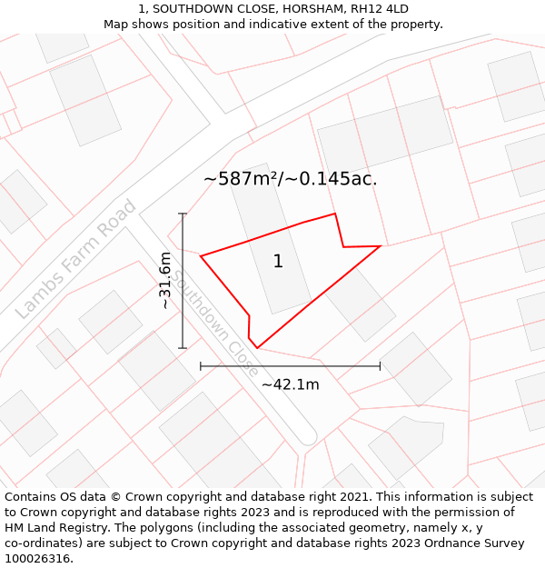 1, SOUTHDOWN CLOSE, HORSHAM, RH12 4LD: Plot and title map