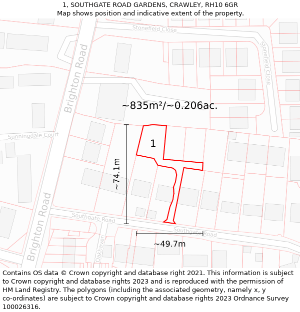 1, SOUTHGATE ROAD GARDENS, CRAWLEY, RH10 6GR: Plot and title map