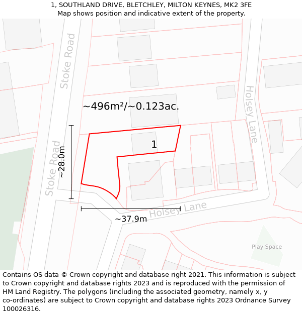 1, SOUTHLAND DRIVE, BLETCHLEY, MILTON KEYNES, MK2 3FE: Plot and title map