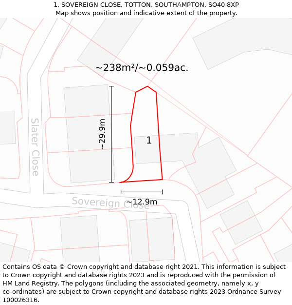 1, SOVEREIGN CLOSE, TOTTON, SOUTHAMPTON, SO40 8XP: Plot and title map