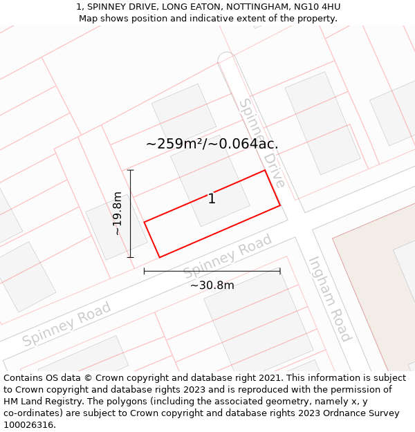 1, SPINNEY DRIVE, LONG EATON, NOTTINGHAM, NG10 4HU: Plot and title map