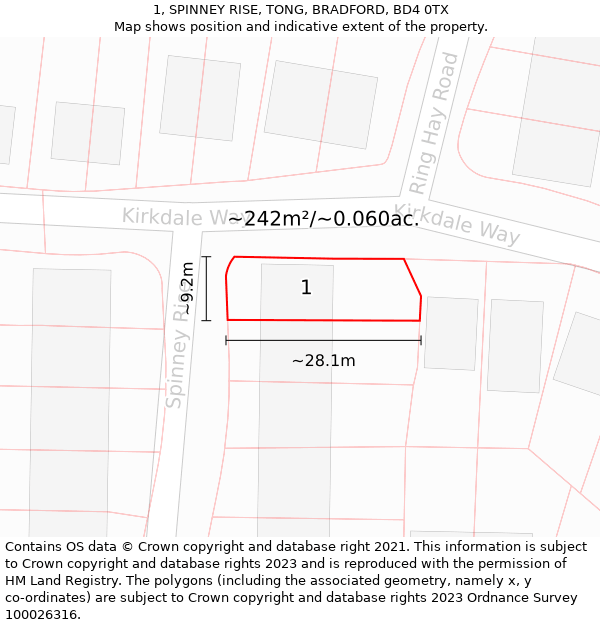 1, SPINNEY RISE, TONG, BRADFORD, BD4 0TX: Plot and title map