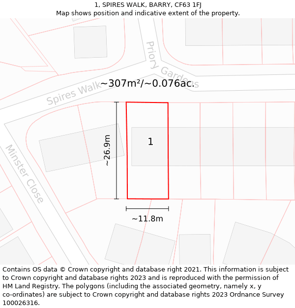 1, SPIRES WALK, BARRY, CF63 1FJ: Plot and title map